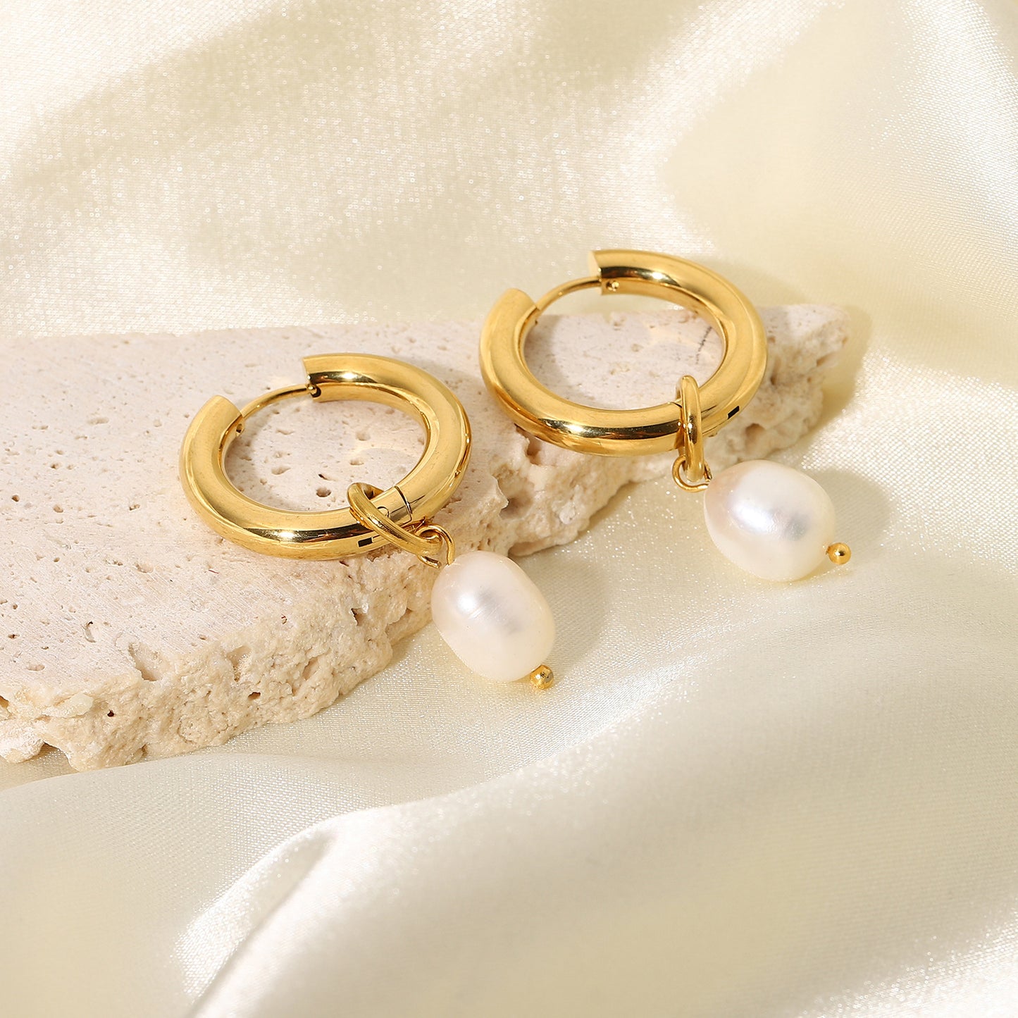 18K Gold Plated Pearl Huggie Earrings
